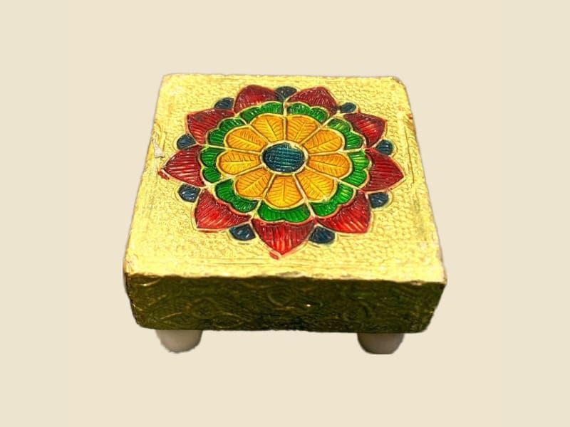 Wooden Meena Chowki, 2 x 2 in on a warm ivory background