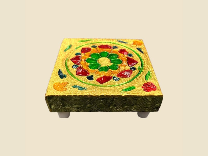 Wooden Meena Chowki, 3 x 3 in on a warm ivory background