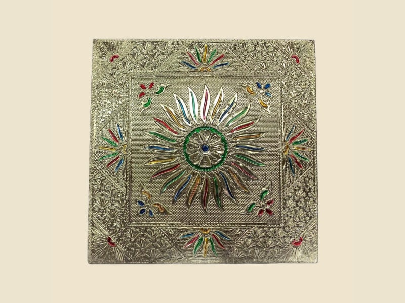 Wooden Meena Chowki, 10 x 10 in on a warm ivory background