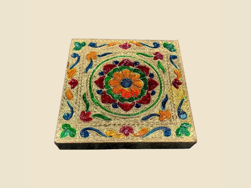 Wooden Meena Chowki, 4 x 4 in on a warm ivory background