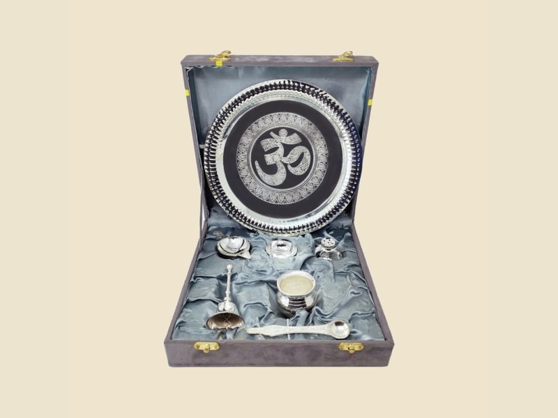 Silver-Finish Om Puja Plate Set in Grey Box on a warm ivory background