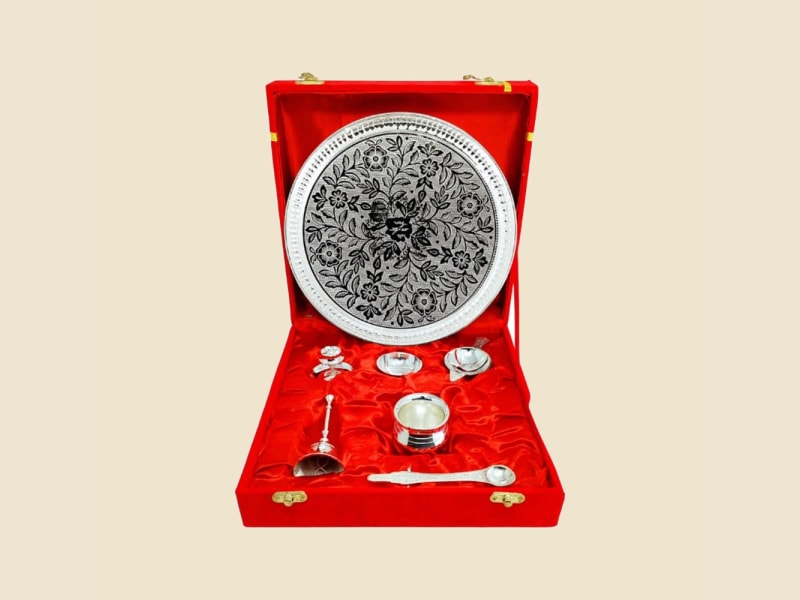 Silver-Finish Floral Etched Puja Set in Red Box on a warm ivory background