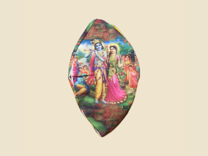Radha Krishna Japa Mala Bag (Gaumukhi) on a warm ivory background