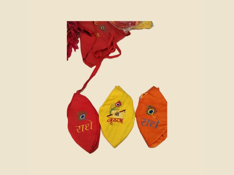 Radhe Japa Mala Bags (Gaumukhi) on a warm ivory background