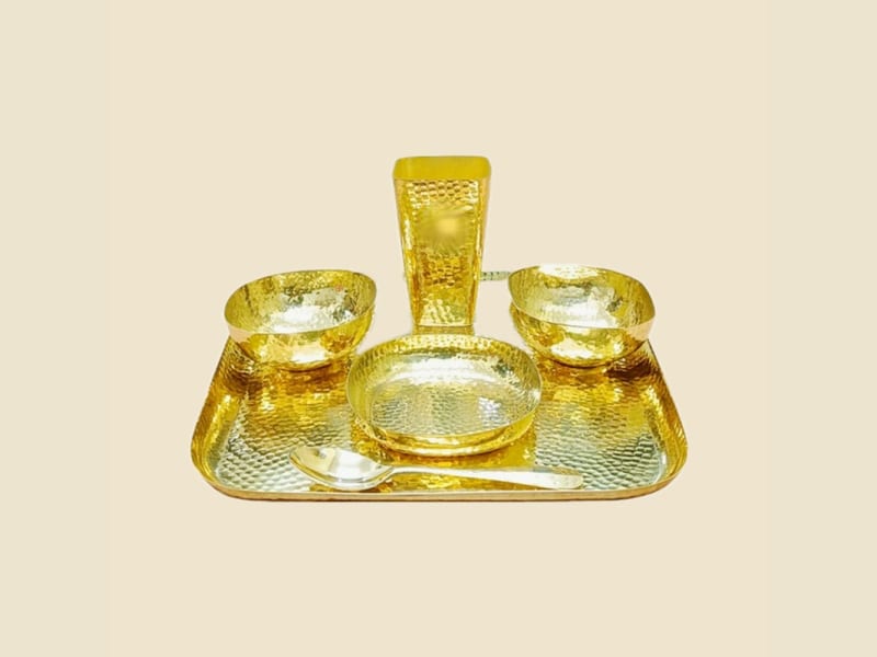 Brass Square Thali Set on a warm ivory background