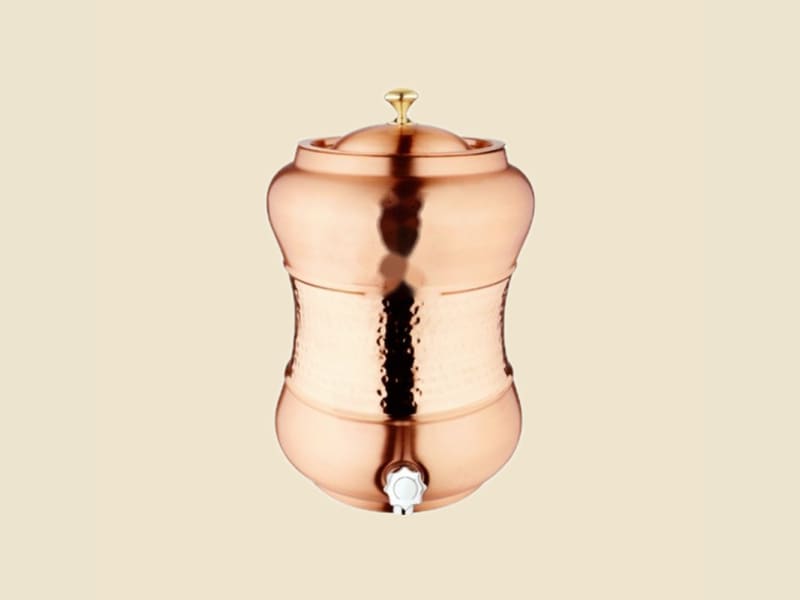 Hammered Copper Waisted Water Dispenser, Design 2 on a warm ivory background