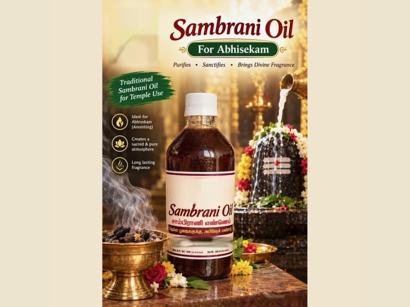 Sambrani Oil for Abhishekam on a warm ivory background