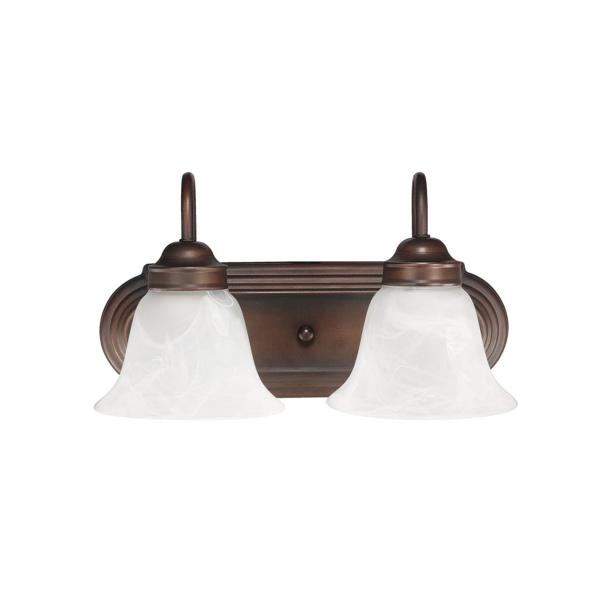 14" W x 8" H x 8" E 2-Light Vanity in Burnished Bronze with White Faux Alabaster Glass Shades
