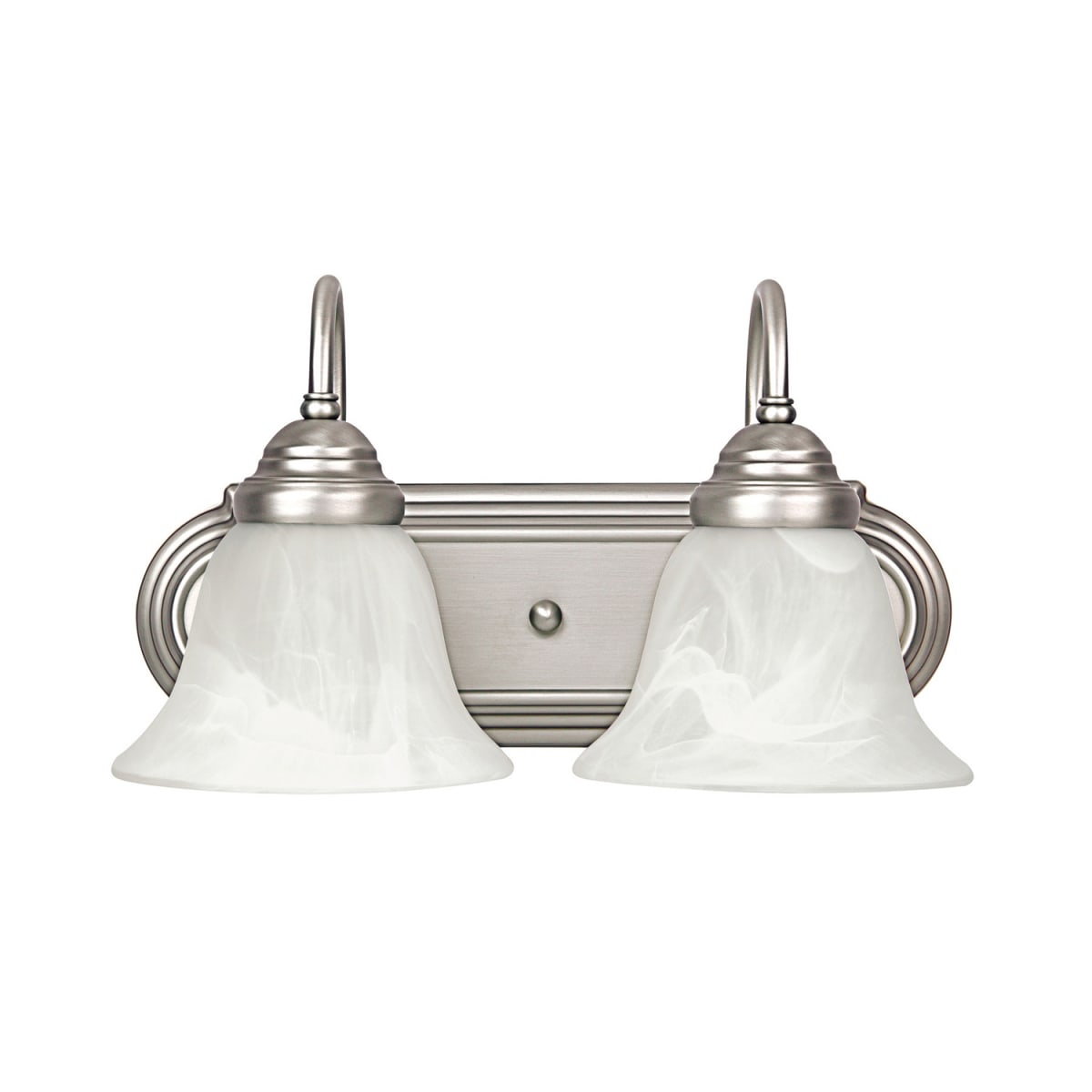 14" W x 8" H x 8" E 2-Light Vanity in Matte Nickel with White Faux Alabaster Glass Shades