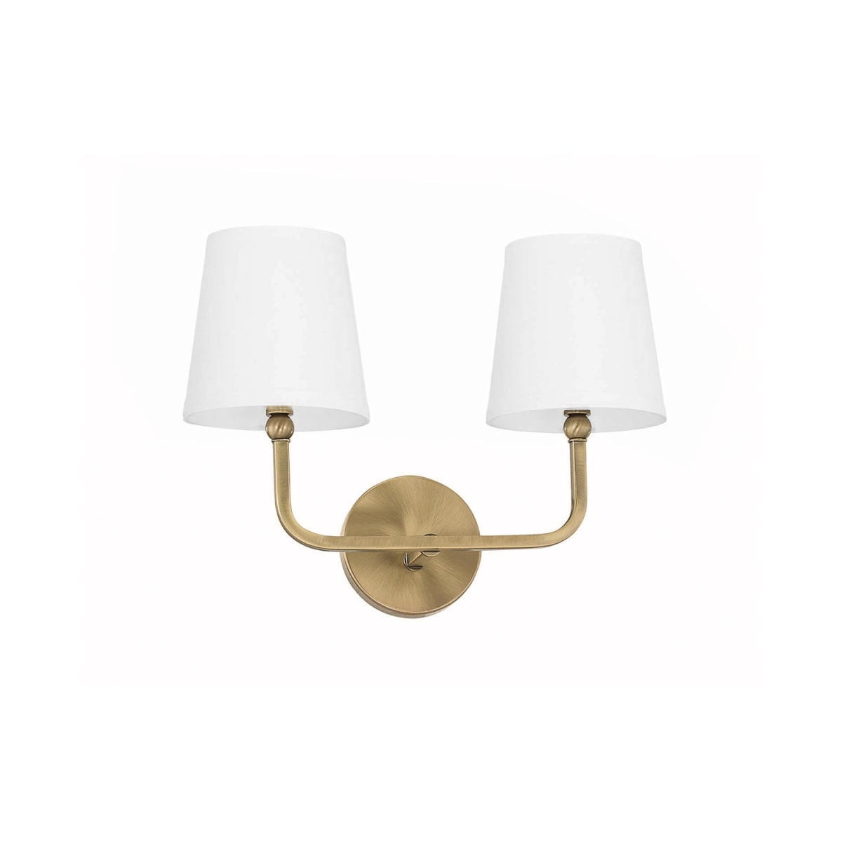 16" W x 12" H x 7" E 2-Light Vanity in Aged Brass with White Fabric Shades