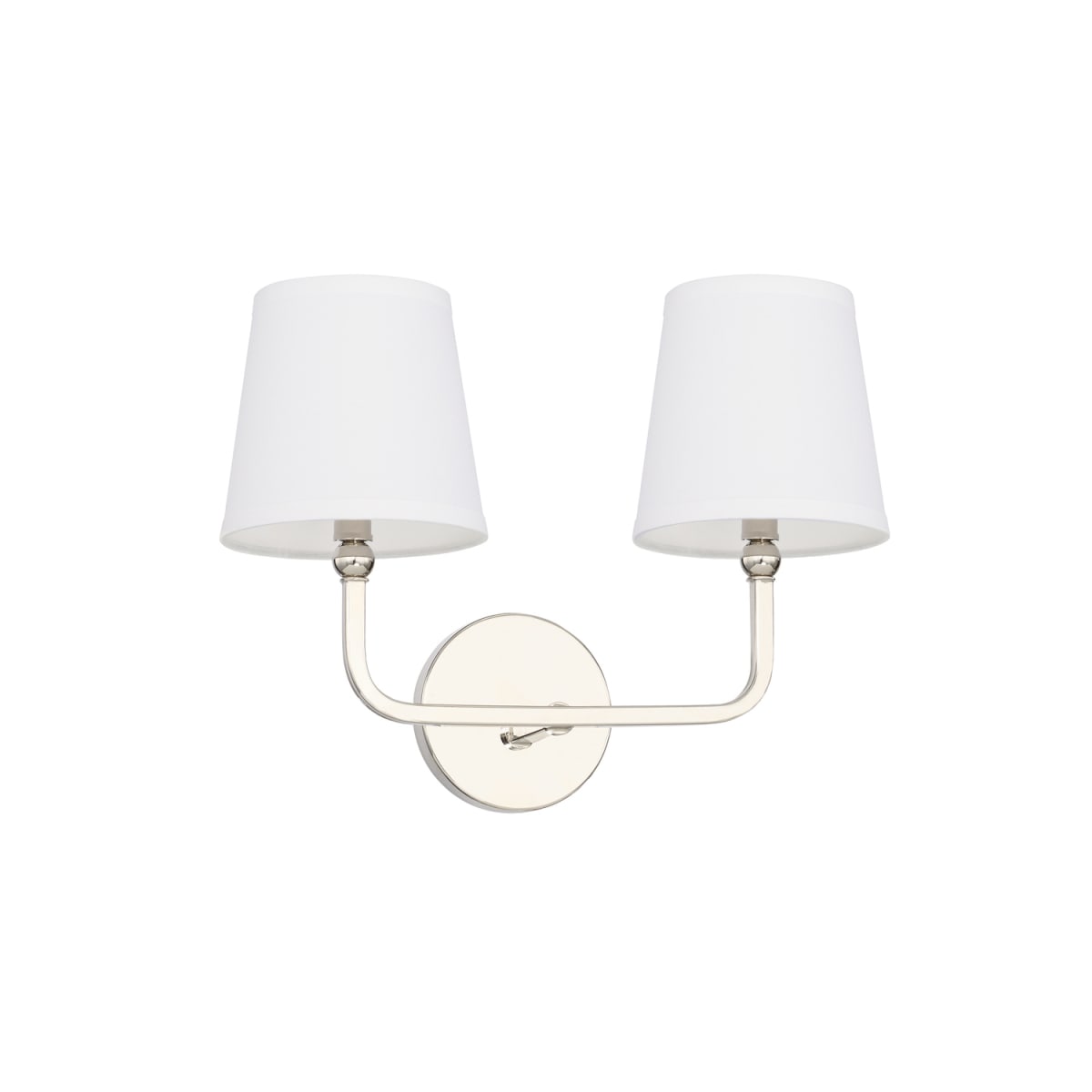 16" W x 12" H x 7" E 2-Light Vanity in Polished Nickel with White Fabric Shades