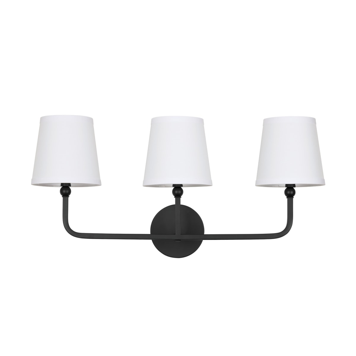 25.5" W x 12" H x 7" E 3-Light Vanity in Matte Black with White Fabric Shades