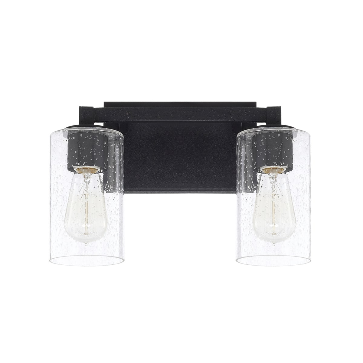 13" W x 9.5" H x 5.5" E 2-Light Clear Seeded Glass Vanity in Black Iron