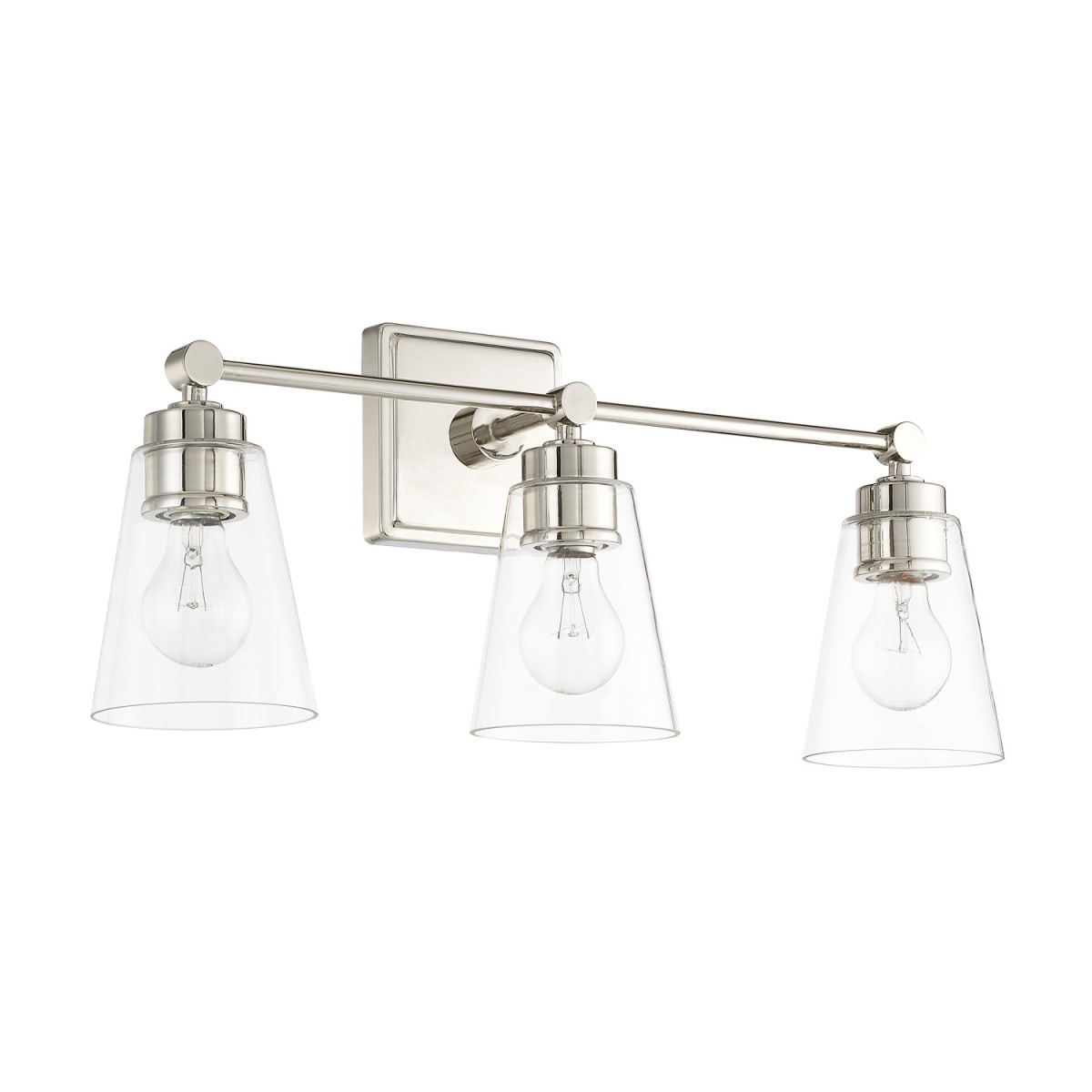 23" W x 10" H x 7" E 3-Light Vanity in Polished Nickel with Clear Cone Glass Shades