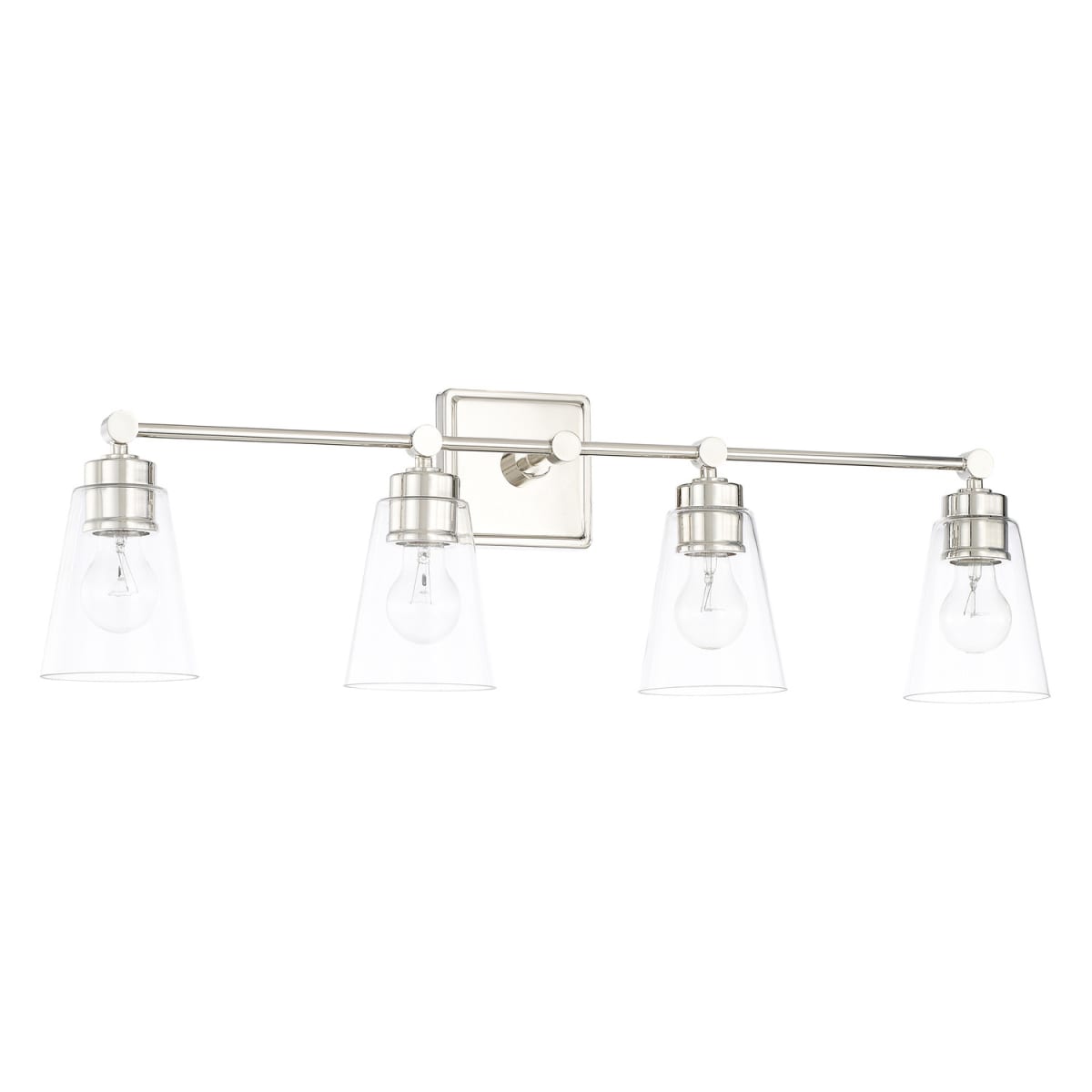 33" W x 10" H x 7" E 4-Light Vanity in Polished Nickel with Clear Cone Glass Shades