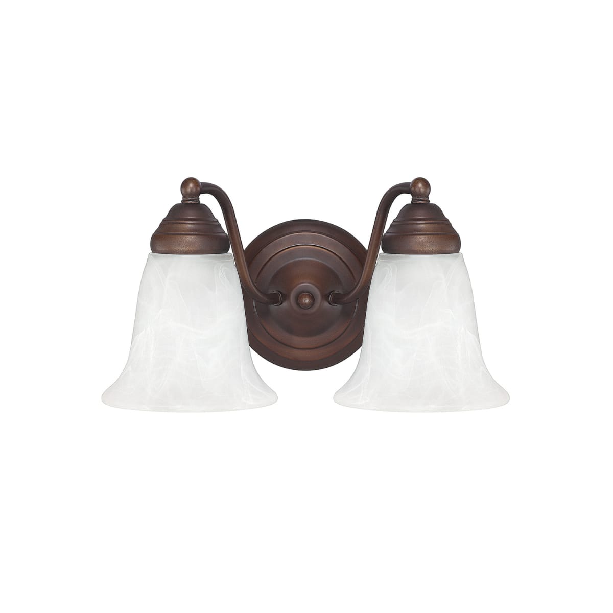12" W x 7" H x 7.5" E 2-Light Vanity in Burnished Bronze with White Faux Alabaster Glass Shades