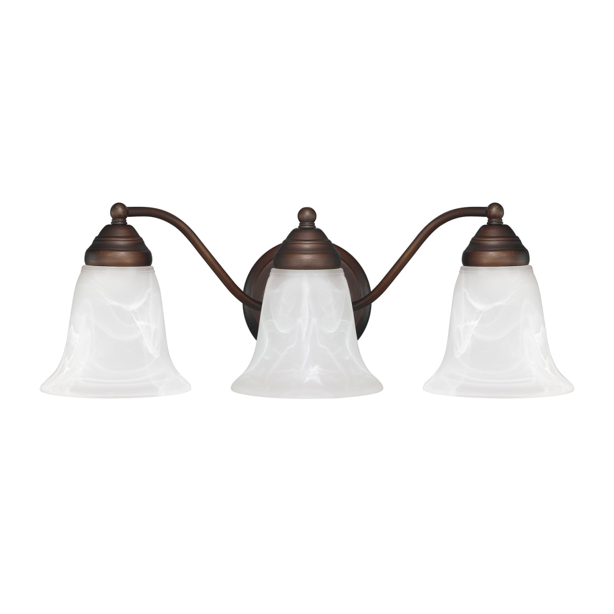 19" W x 7" H x 8.5" E 3-Light Vanity in Burnished Bronze with White Faux Alabaster Glass Shades