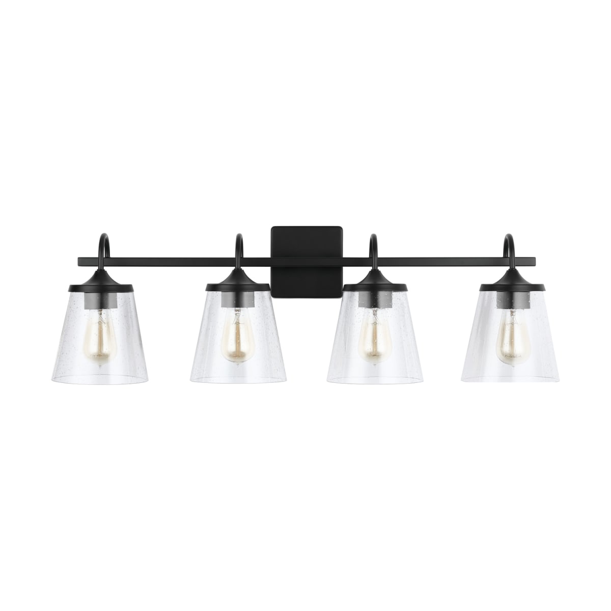 33" W x 10.5" H x 9" E 4-Light Vanity in Matte Black with Clear Seeded Cone Glass Shades