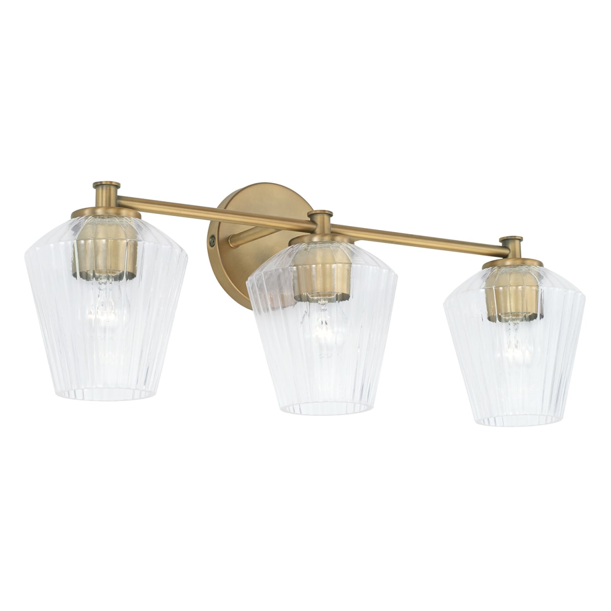 24" W x 9.5" H x 7" E 3-Light Vanity in Aged Brass with Clear Fluted Glass