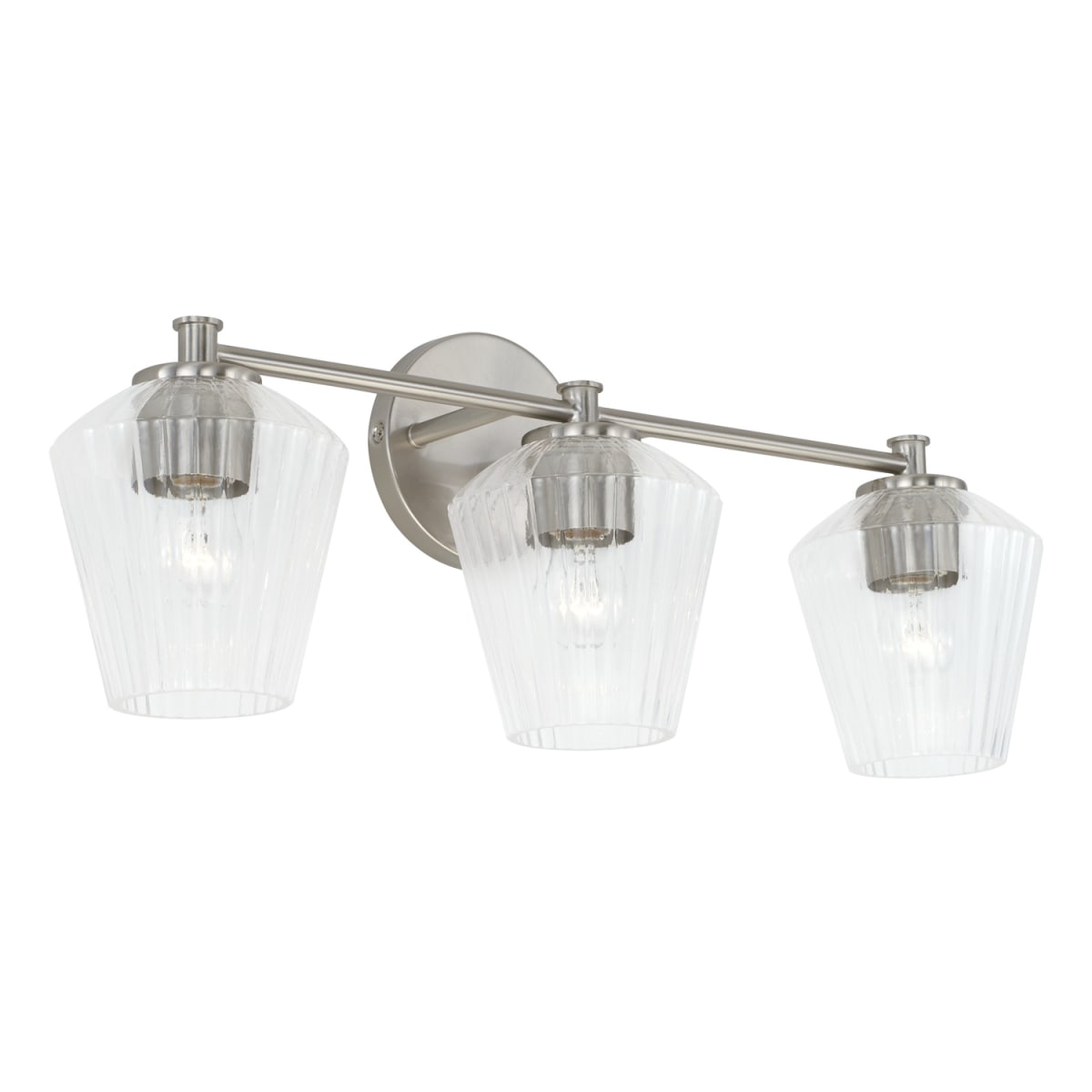 24" W x 9.5" H x 7" E 3-Light Vanity in Brushed Nickel with Clear Fluted Glass