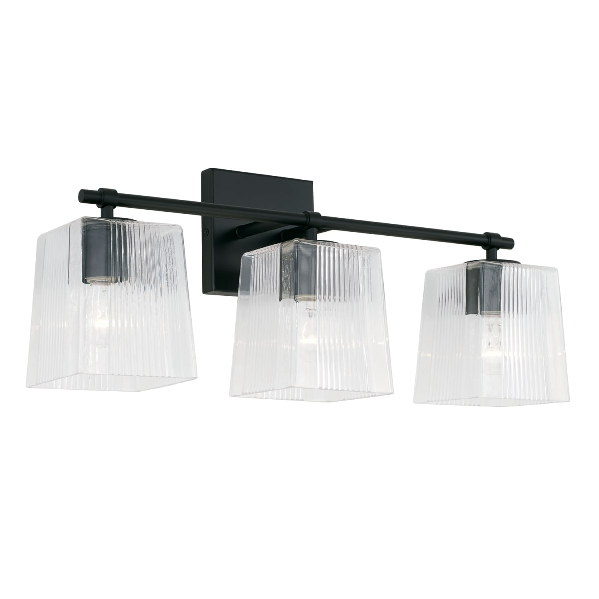 23" W x 9" H x 7" E 3-Light Vanity in Matte Black with Clear Fluted Square Glass