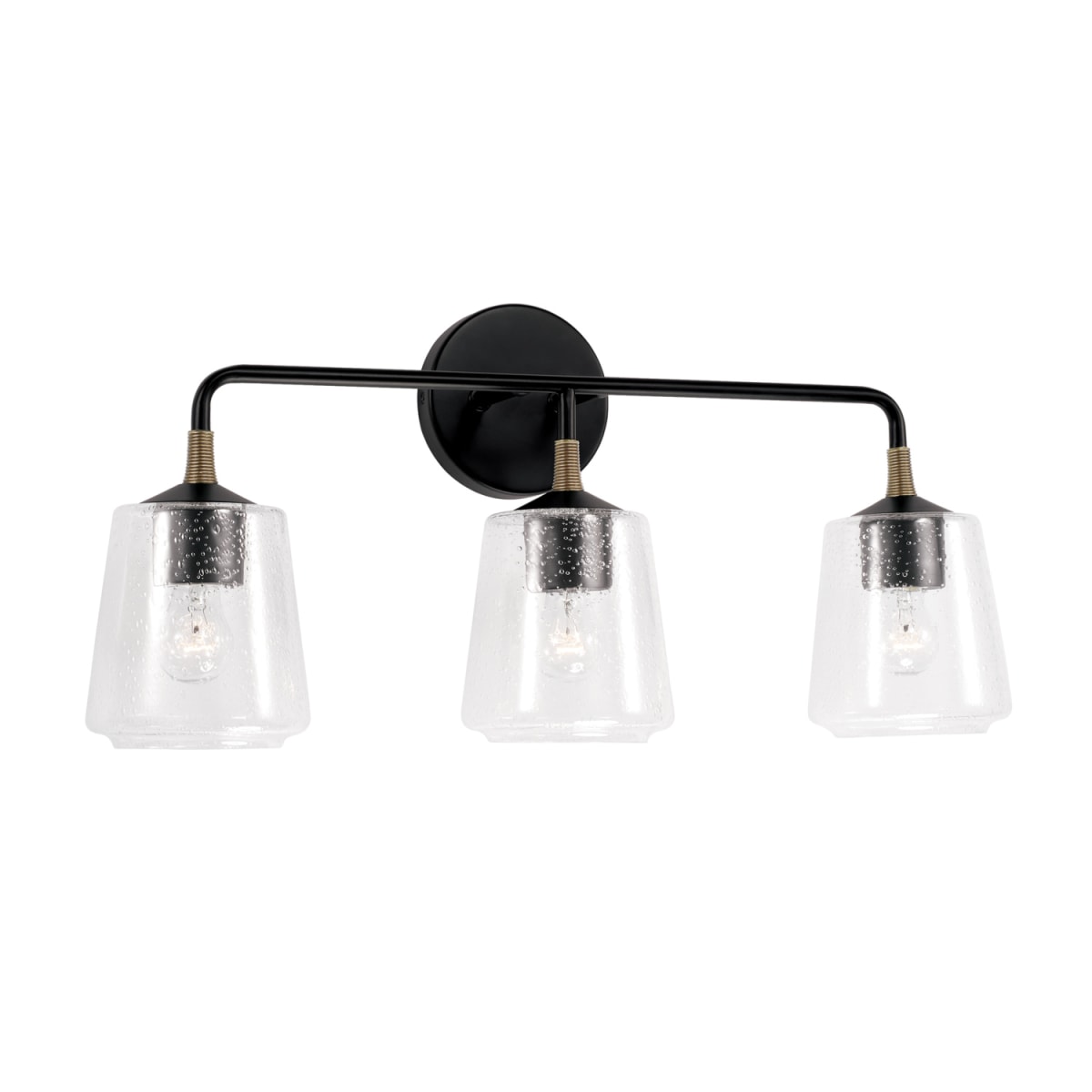 24" W x 11.5" H 3-Light Vanity in Matte Black with Brass with Clear Seeded Glass and Brass Wrapped Detail