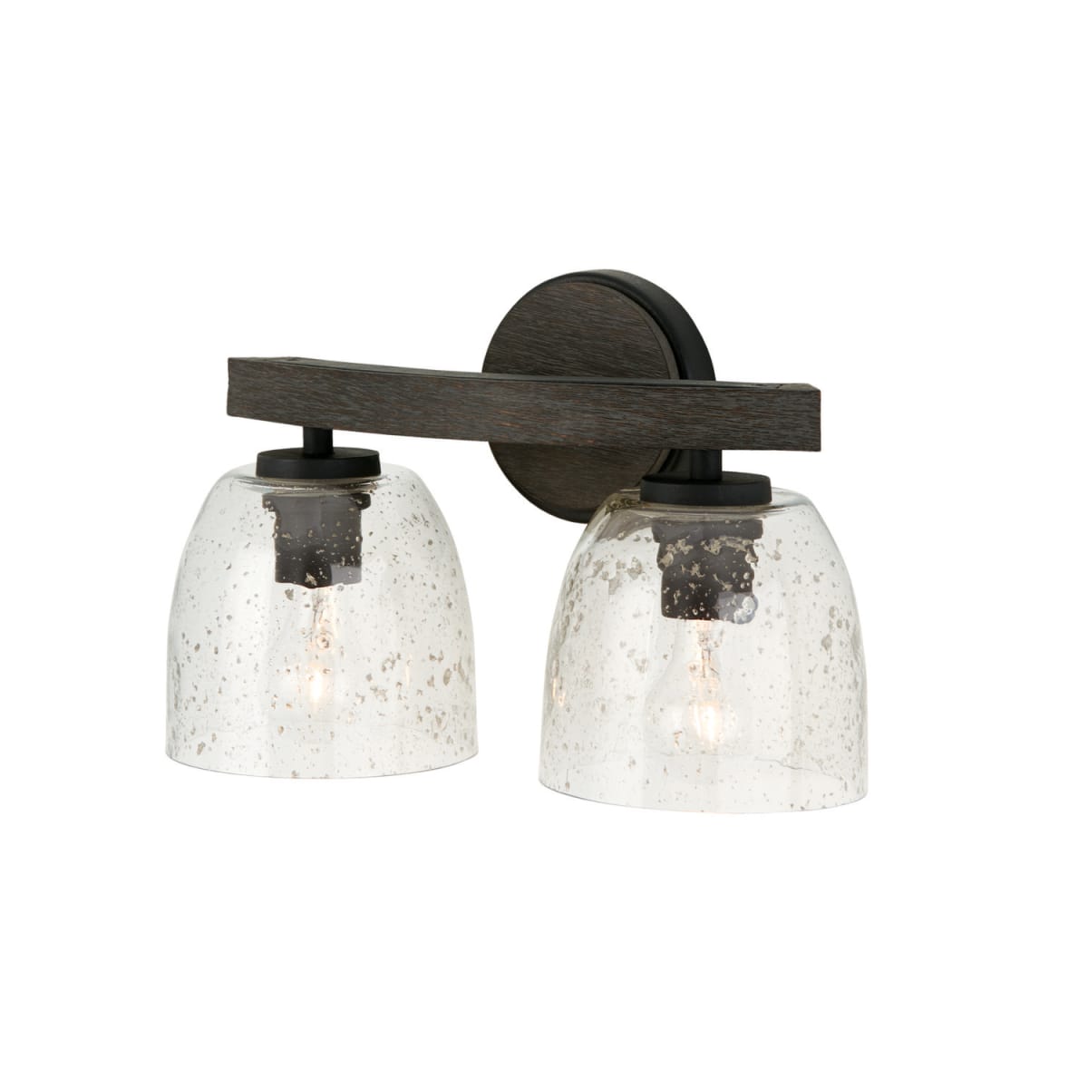 15.5"W x 9.5"H 2-Light Vanity in Carbon Grey and Black Iron with Stone Seeded Glass Handcrafted of Wire-Brushed Mango Wood