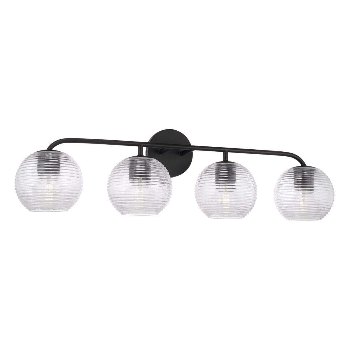 33.5"W x 9.5"H 4-Light Vanity in Matte Black with Clear Ribbed Glass