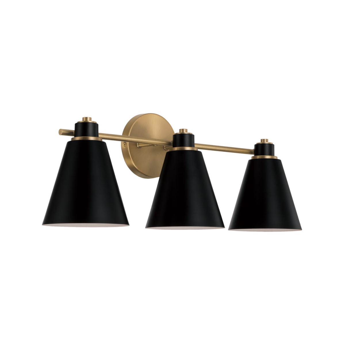 24"W x 9"H 3-Light Vanity in Aged Brass and Black Metal Shade with White Interior