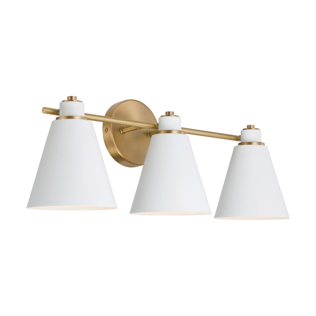 24"W x 9"H 3-Light Vanity in Aged Brass and White Metal Shade with White Interior