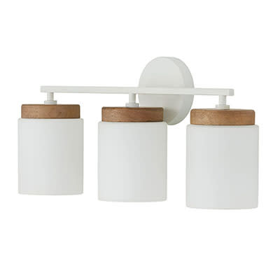 23.50"W x 10.25"H 3-Light Cylindrical Vanity in White with Mango Wood and Soft White Glass