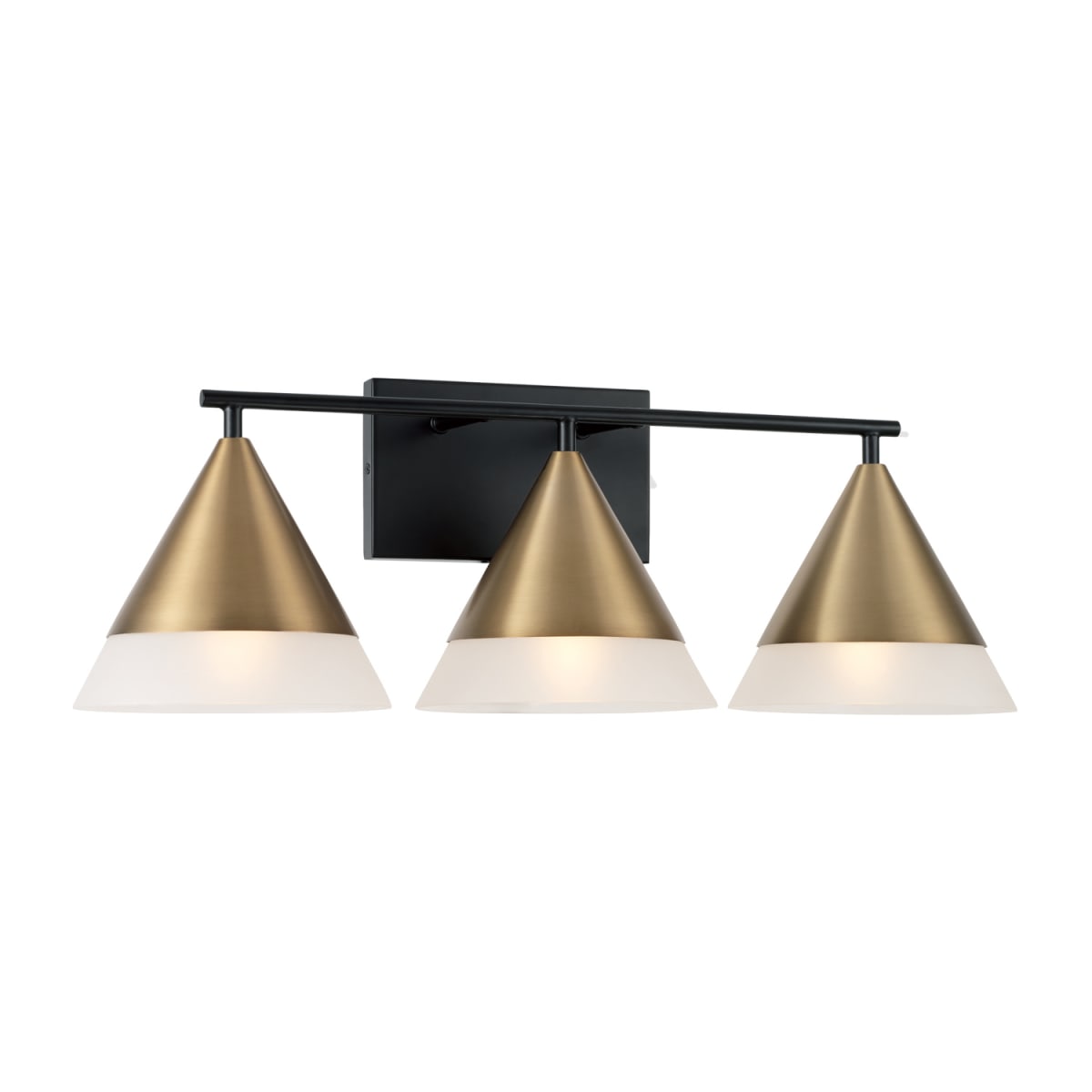 26"W x 9"H 3-Light Cone Vanity in Black with Aged Brass and Frosted Glass Shades