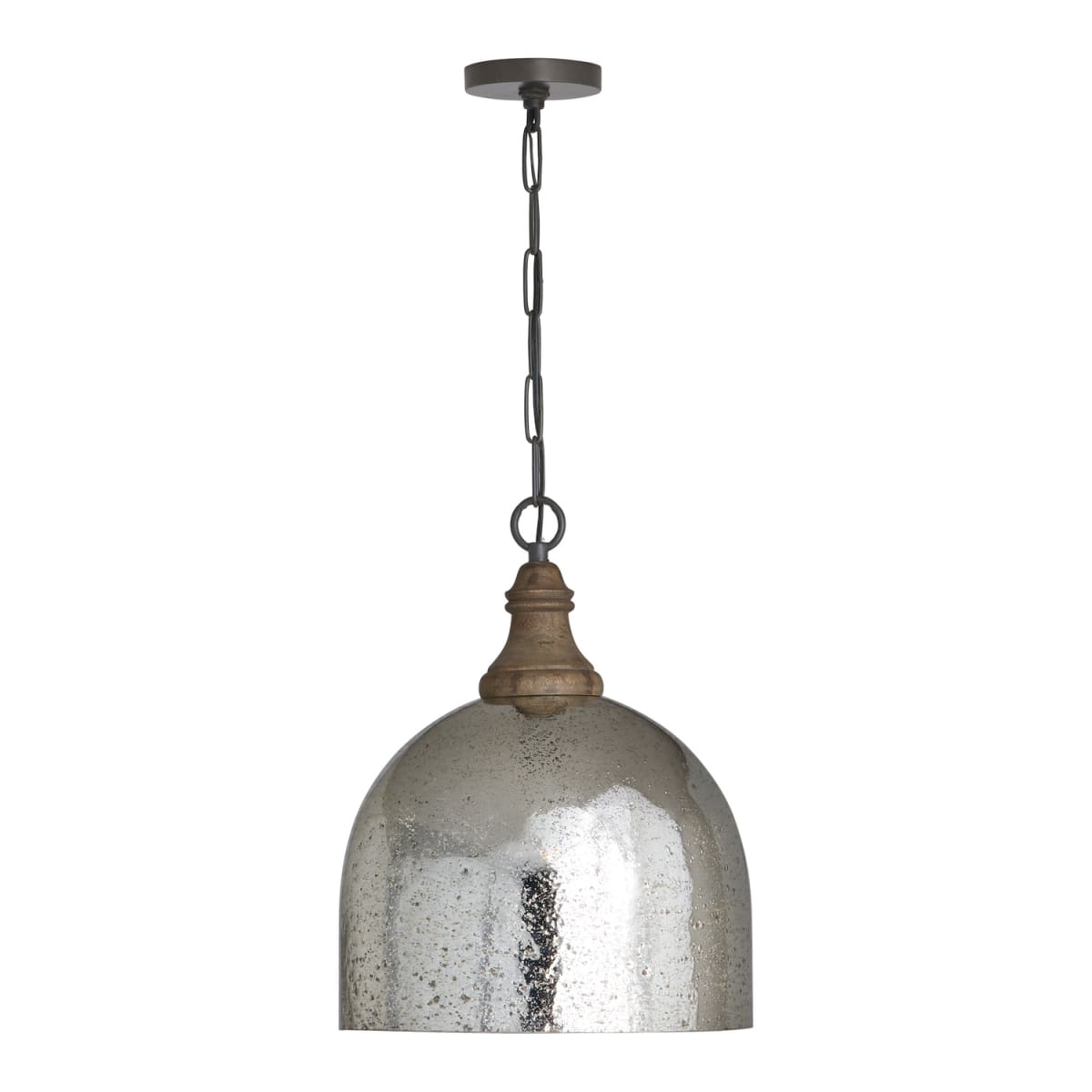 15" W x 19" H 1-Light Stone Seeded Mercury Glass Pendant with Grey Wash Wood Finial in Pewter