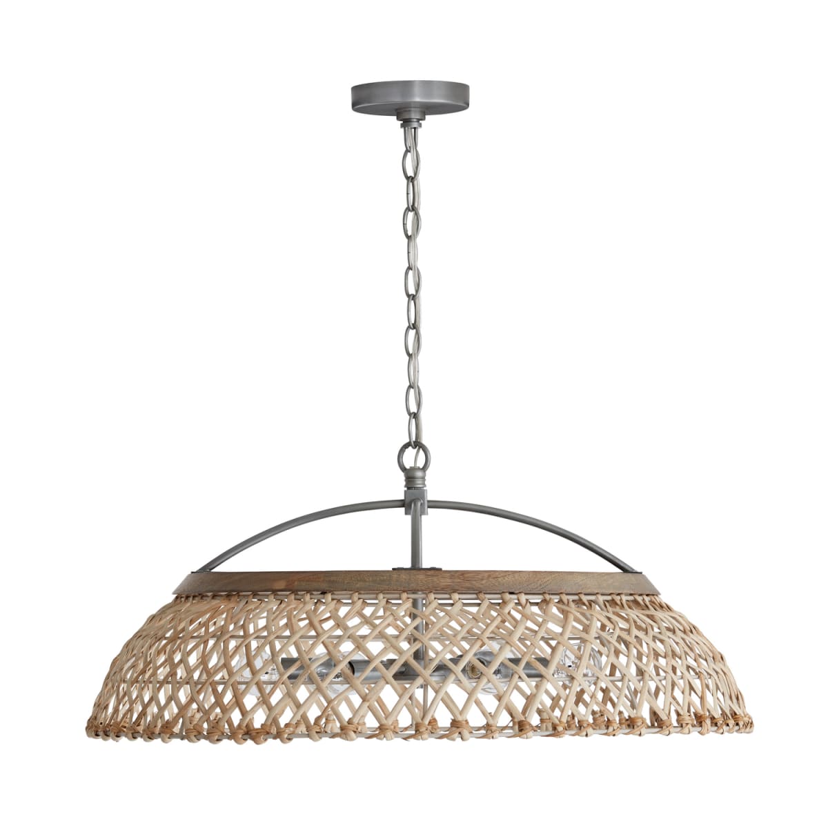 29" W x 13" H 6-Light Natural Rattan Pendant in Grey Wash Wood and Antique Nickel