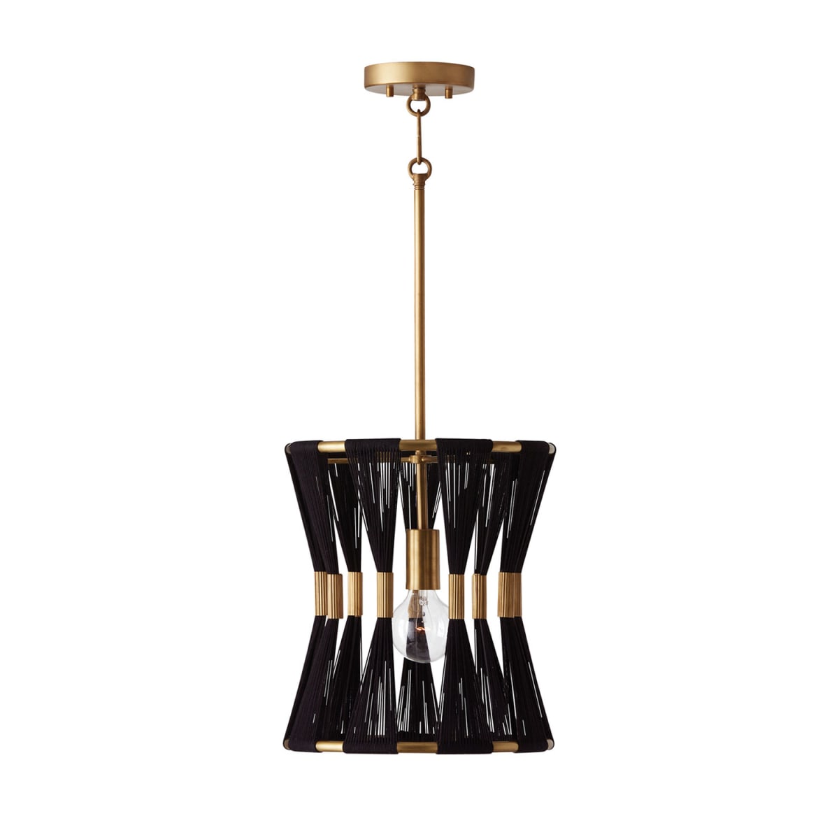 12" W x 14" H 1-Light Pendant in Black Rope and Patinaed Brass - P" Pleat Gathered String Tapered