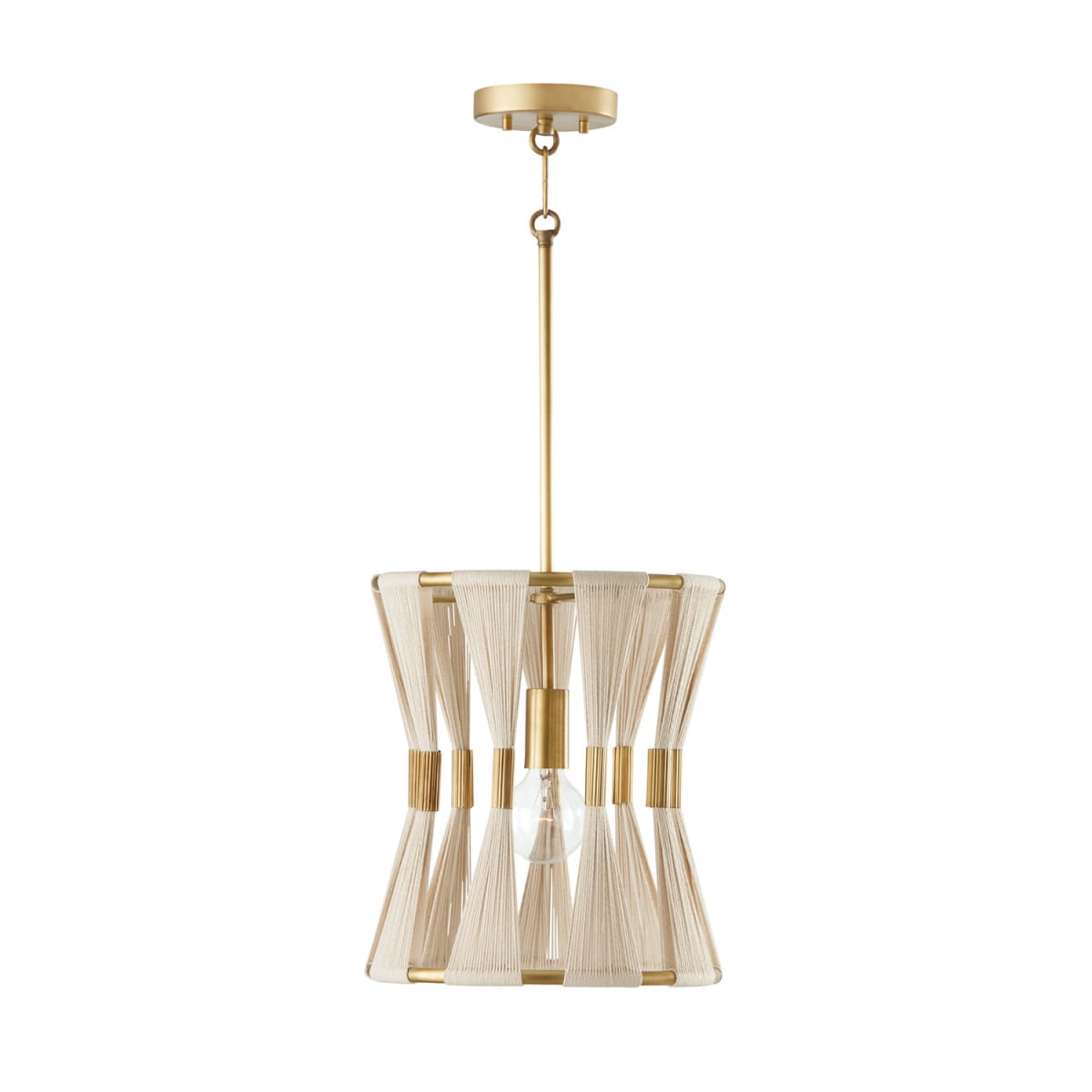 12" W x 14" H 1-Light Pendant in Bleached Natural Rope and Patinaed Brass - P" Pleat Gathered String Tapered