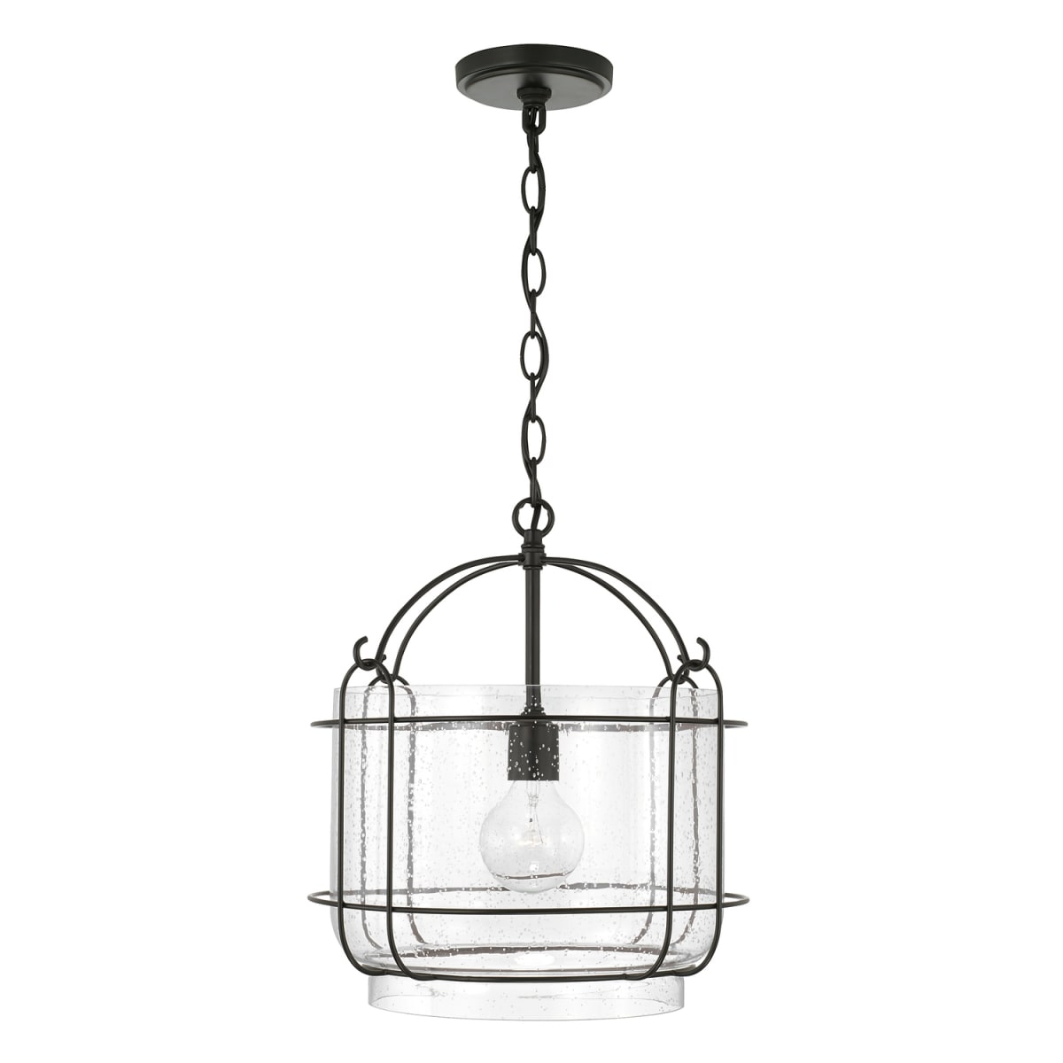 14" W x 15" H 1-Light Pendant in Matte Black with Clear Seeded Glass and Outer Cage