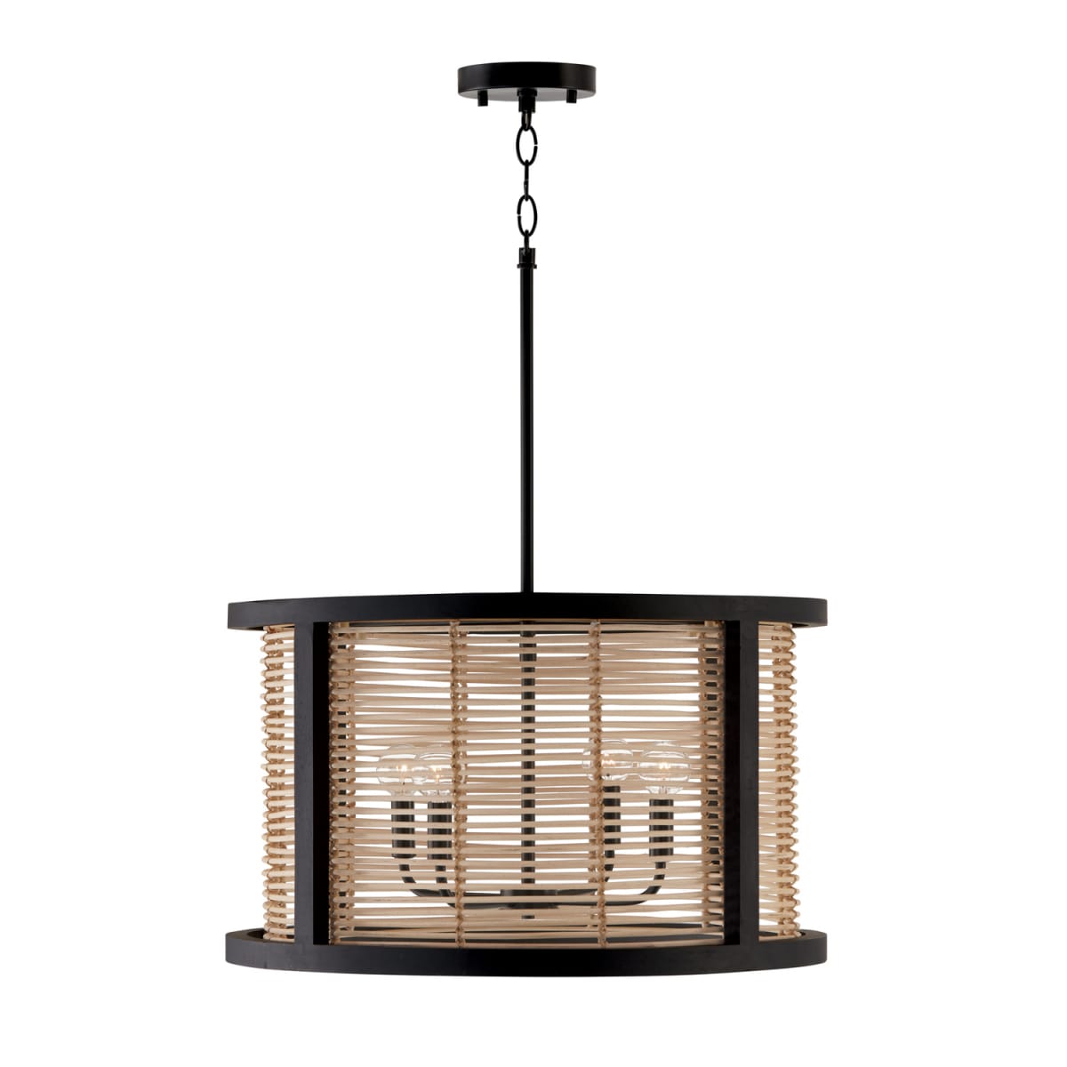 22" W x 13" H 4-Light Pendant in Flat Black made with Handcrafted Mango Wood and Rattan