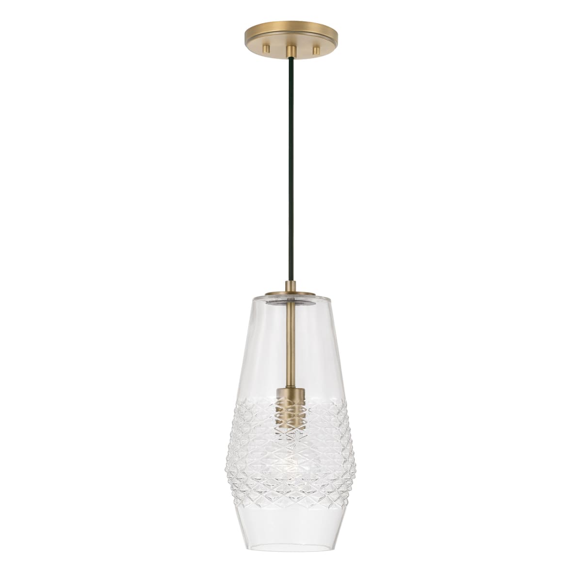 7" W x 14" H 1-Light Pendant in Aged Brass with Diamond Embossed Glass and Black Braided Cord