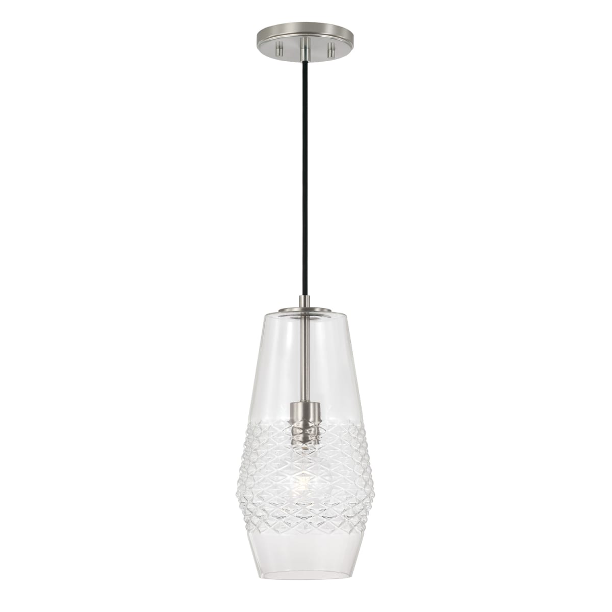 7" W x 14" H 1-Light Pendant in Brushed Nickel with Diamond Embossed Glass and Black Braided Cord