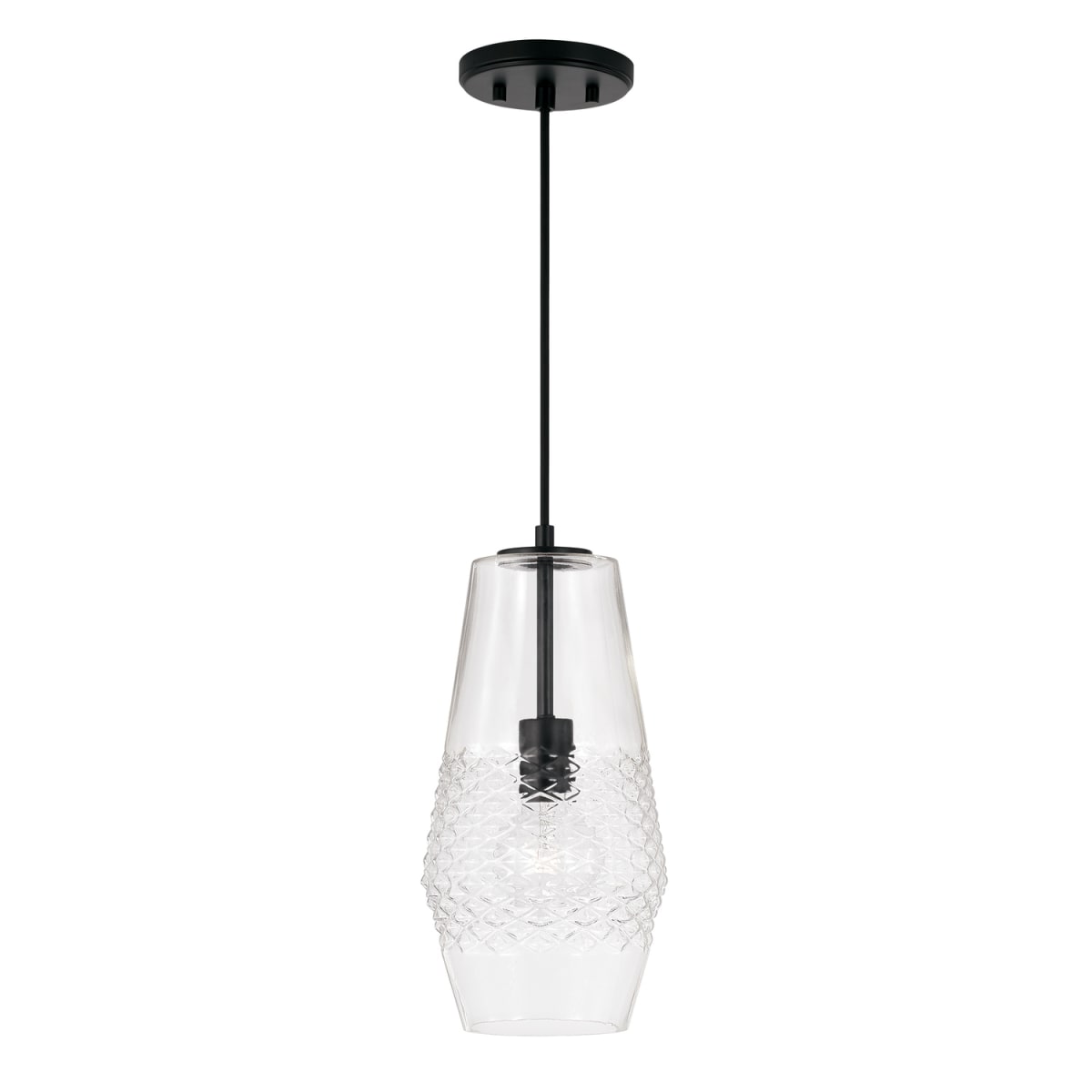 7" W x 14" H 1-Light Pendant in Matte Black with Diamond Embossed Glass and Black Braided Cord