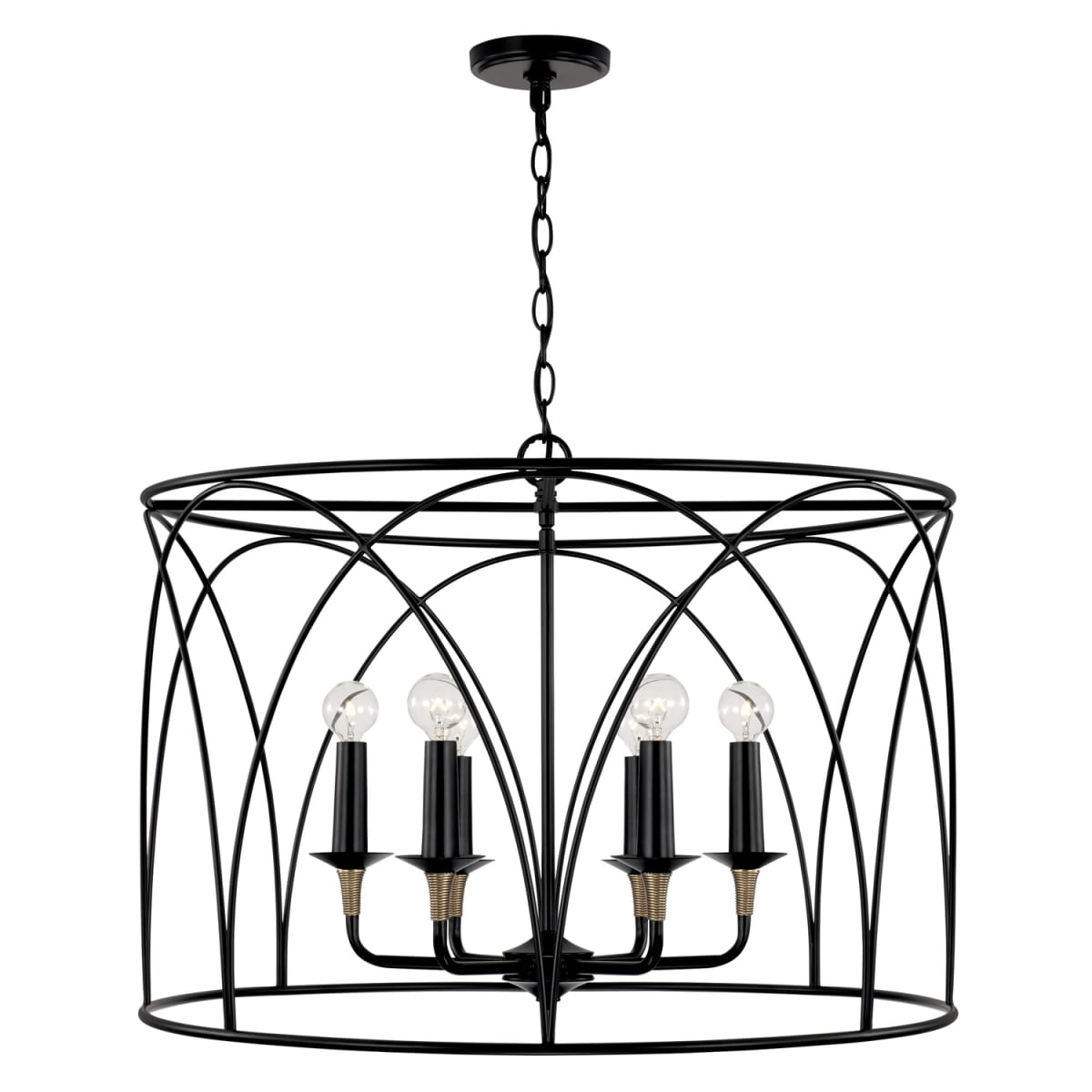 28" W x 20.5" H 6-Light Drum Pendant in Matte Black with Brass Wrapped Detail