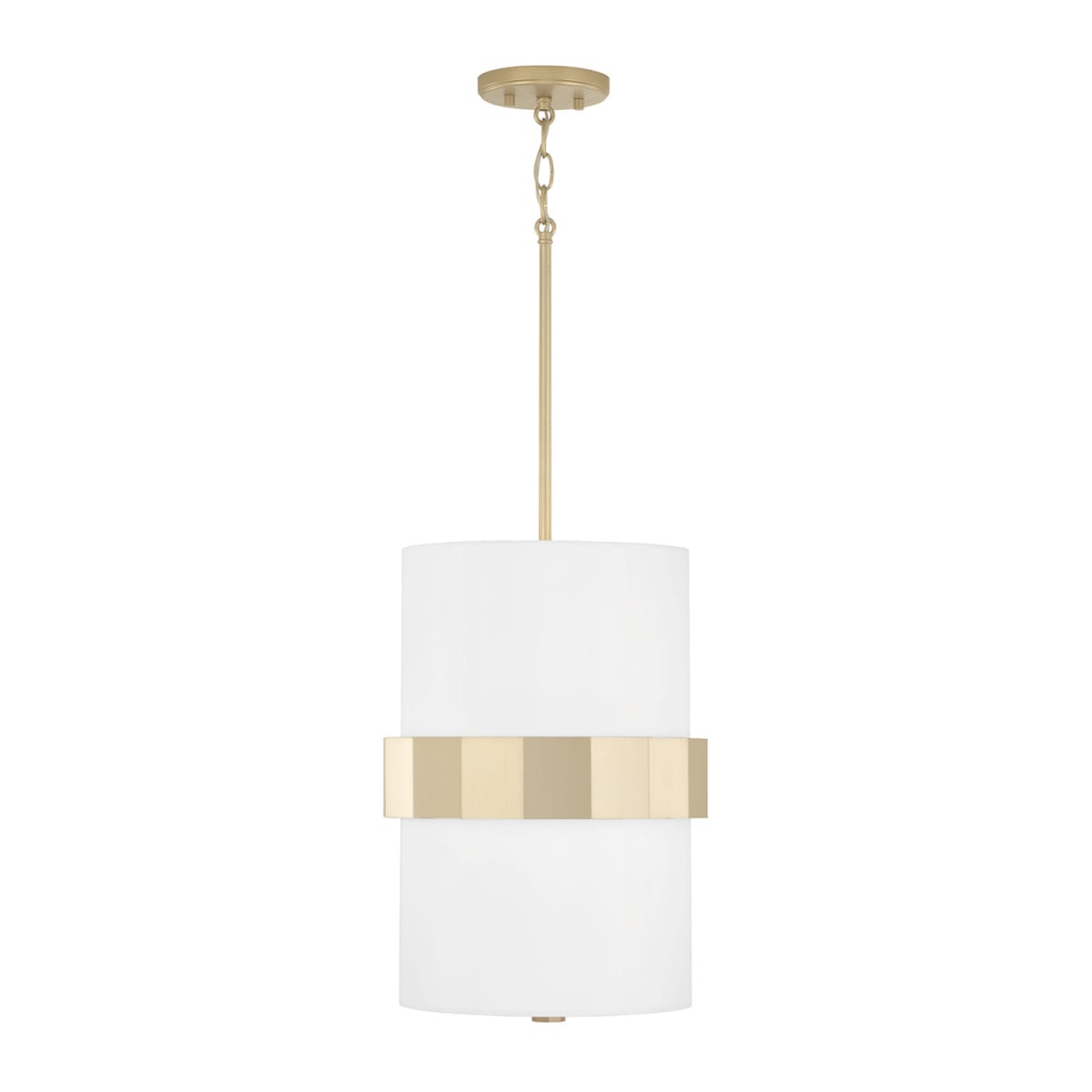 12" W x 18" H 2-Light Drum Pendant in Soft Gold with White Fabric Shade and Frosted Glass Diffuser