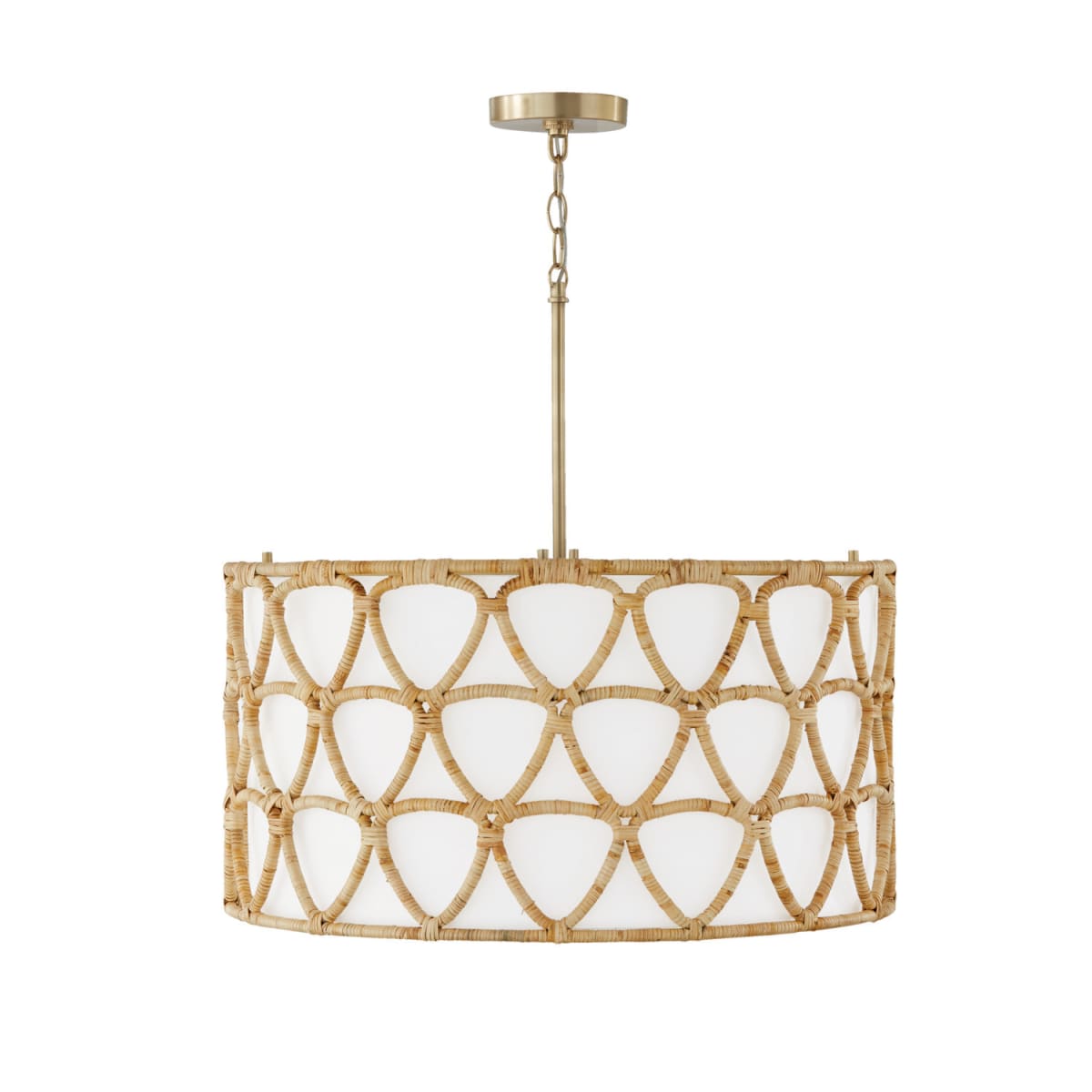 24.5"W x 24"H 4-Light Pendant in Matte Brass with White Fabric Shade and Hand-Wrapped Natural Rattan