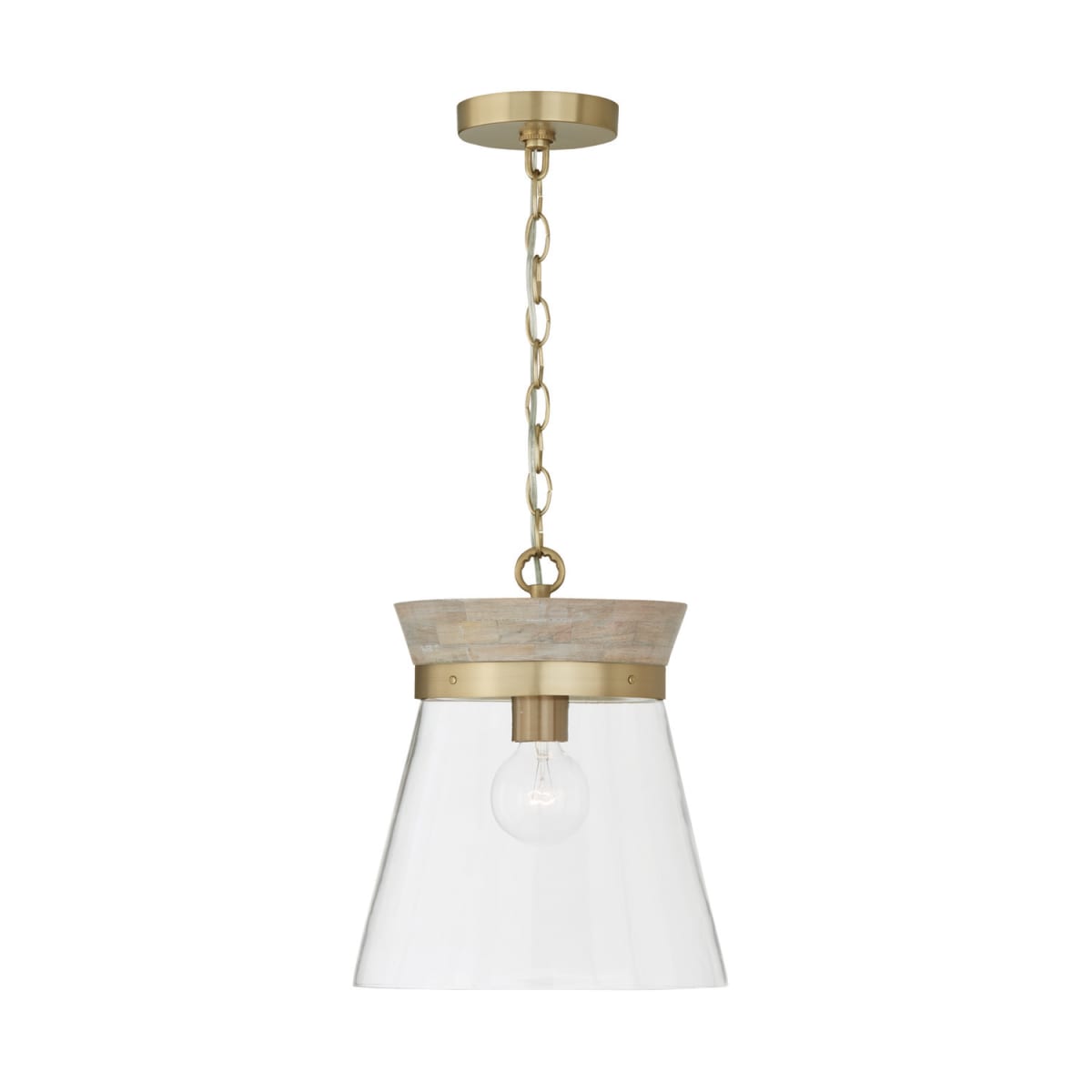 12"W x 14"H 1-Light Pendant in White Wash Wood and Matte Brass with Clear Glass