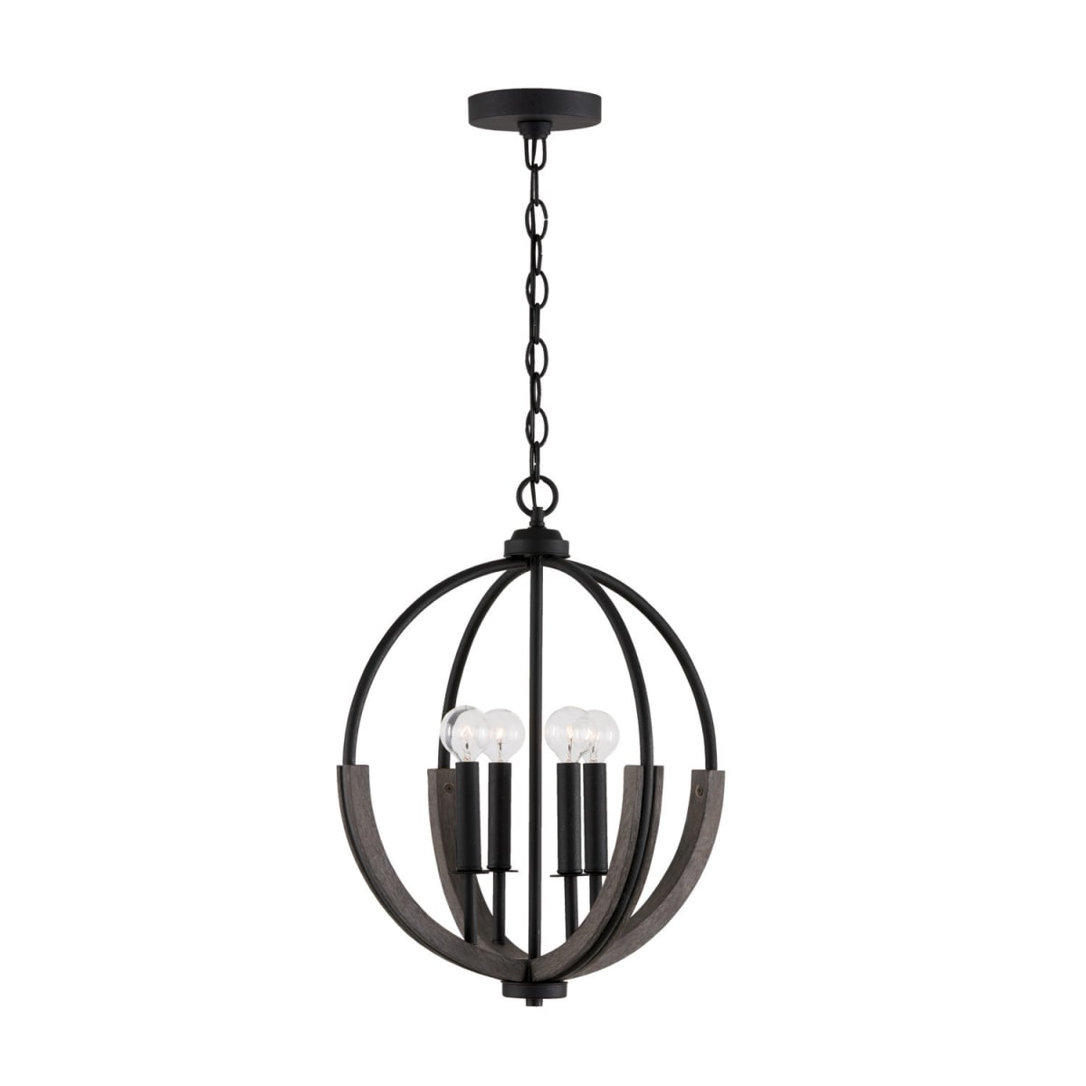15.5"W x 20"H 4-Light Pendant in Carbon Grey and Black Iron with Handcrafted of Mango Wood