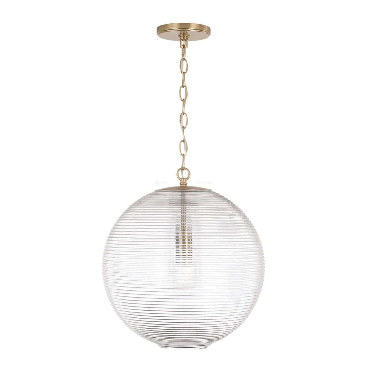 15"W x 16.75"H 1-Light Globe Pendant in Matte Brass with Clear Ribbed Glass