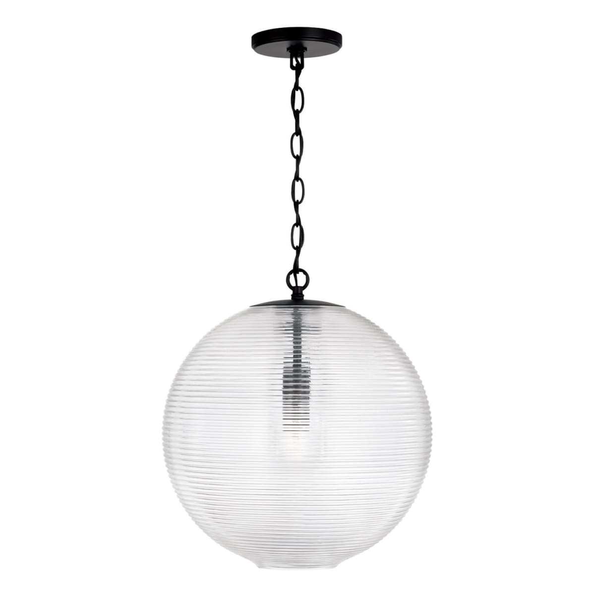 15"W x 16.75"H 1-Light Globe Pendant in Matte Black with Clear Ribbed Glass