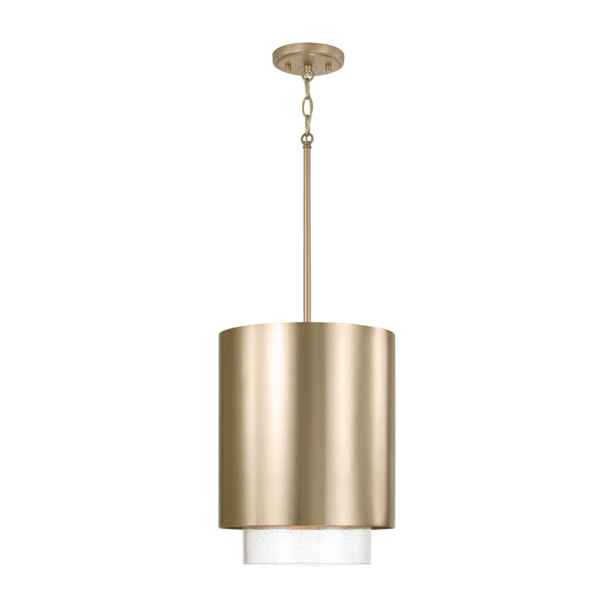 11.50"W x 19.50"H 1-Light Cylindrical Metal Pendant in Matte Brass with Seeded Glass