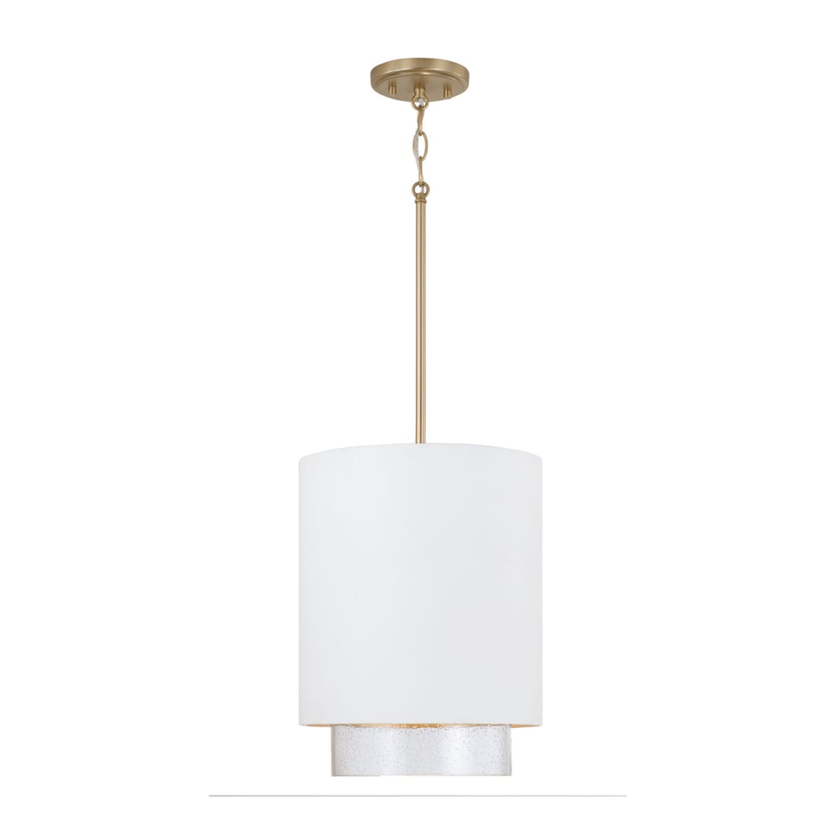 11.50"W x 19.50"H 1-Light Cylindrical Metal Pendant in Matte White with Matte Brass Interior and Seeded Glass